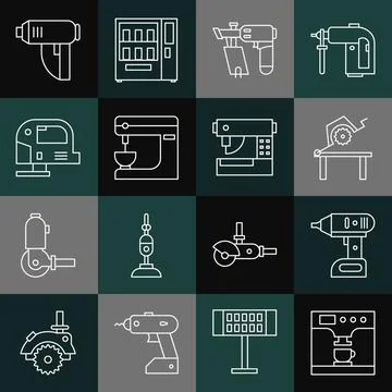 Set line Coffee machine and cup, Electric cordless screwdriver, Table saw for Stock Illustration