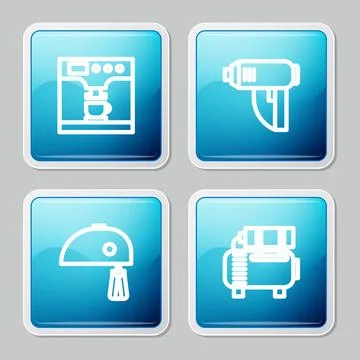 Set line Coffee machine and cup, Electric industrial dryer, mixer and Air com Stock Illustration