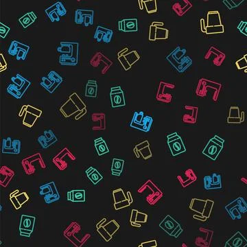 Set line Coffee machine, Bag coffee beans, cup and on seamless pattern. Vector 库存插图