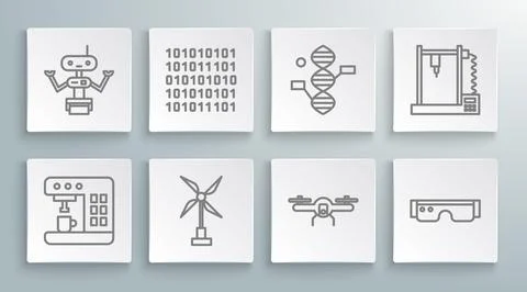 Set line Coffee machine, Binary code, Wind turbine, Drone flying, Smart glasses Stock Illustration