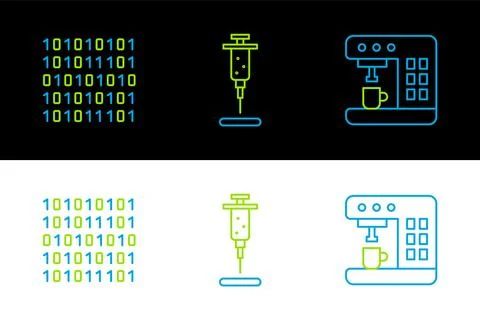 Set line Coffee machine, Binary code and Syringe icon. Vector イラスト素材