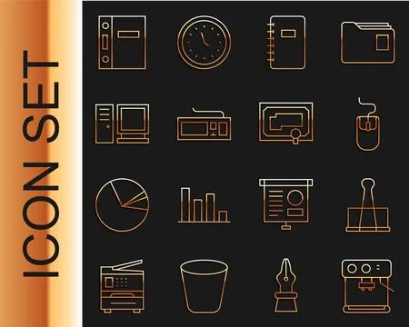 Set line Coffee machine, Binder clip, Computer mouse, Spiral notebook, Keyboard 스톡 일러스트