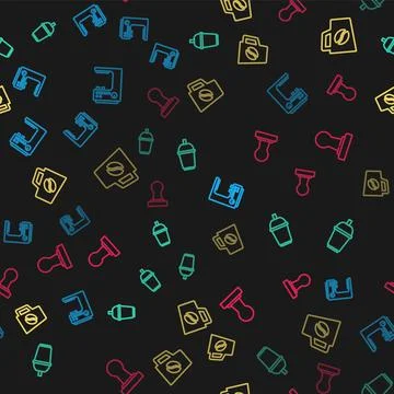 Set line Coffee machine, cup to go, and tamper on seamless pattern. Vector Stock Illustration