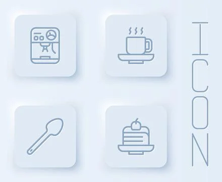 Set line Coffee machine, cup, Teaspoon and Piece cake. White square button Stock Illustration