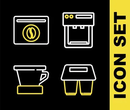Set line Coffee machine, cup to go, V60 coffee maker and Bag beans icon. Vector Ilustración de archivo