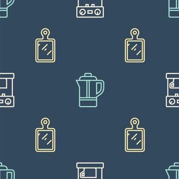 Set line Coffee machine, Cutting board and Teapot on seamless pattern. Vector Stock Illustration