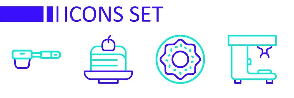 Set line Coffee machine, Donut, Piece cake and filter holder icon. Vector Stock Illustration