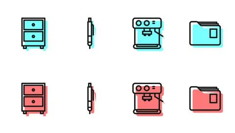 Set line Coffee machine, Drawer with documents, Pen and Document folder icon Illustrazione stock