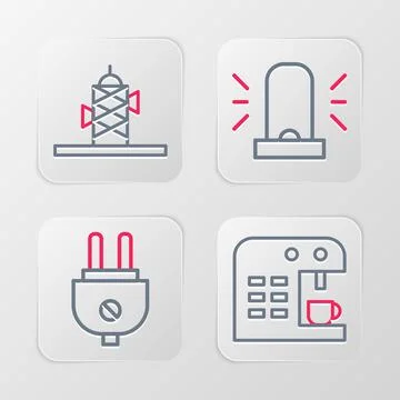 Set line Coffee machine, Electric plug, Flasher siren and Antenna icon. Vecto Stock Illustration