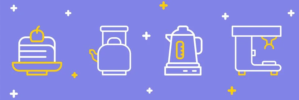 Set line Coffee machine, Electric kettle, Kettle with handle and Piece cake.. Illustration