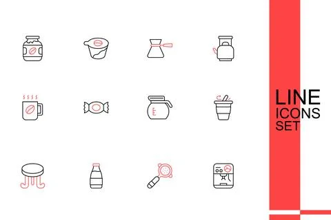 Set line Coffee machine, filter holder, Milk bottle, table, cup to go, pot,.. Illustrazione stock