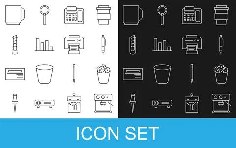 Set line Coffee machine, Full trash can, Pen, Telephone, Pie chart infograp.. Stock Illustration