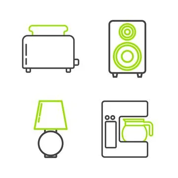 Set line Coffee machine with glass pot, Table lamp, Stereo speaker and Toaster Stock Illustration