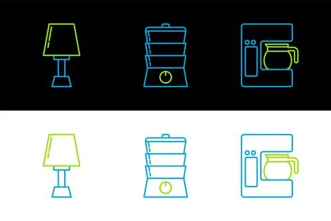 Set line Coffee machine with glass pot, Table lamp and Double boiler icon Stock Illustration
