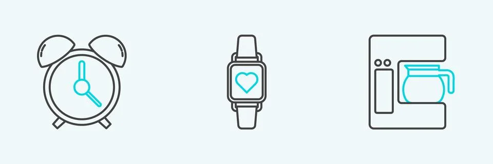 Set line Coffee machine with glass pot, Alarm clock and Smart watch showing.. Stock Illustration