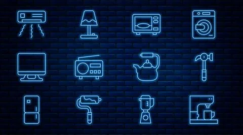 Set line Coffee machine, Hammer, Microwave oven, Radio, Smart Tv, Air condi.. Illustration
