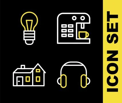 Set line Coffee machine, Headphones, House and Light bulb icon. Vector Stock Illustration