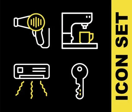 Set line Coffee machine, House key, Air conditioner and Hair dryer icon. Vector Illustrazione stock