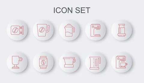 Set line Coffee machine, Irish coffee, French press, Electric kettle, Street Illustration