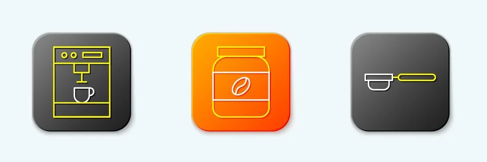 Set line Coffee machine, jar bottle and filter holder icon. Vector Illustrazione stock