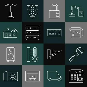 Set line Coffee machine, Microphone, Electric kettle, Safe combination lock Stock Illustration