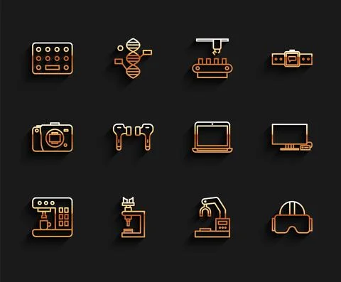Set line Coffee machine, Microscope, Pills blister pack, Robotic robot arm hand 库存插图