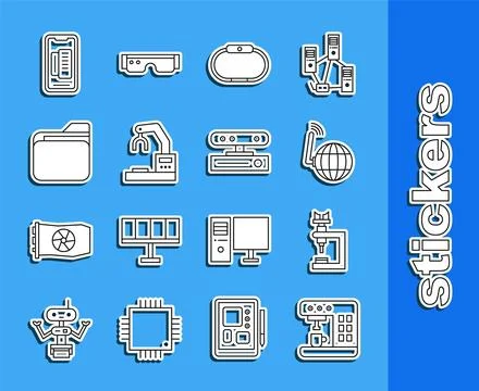 Set line Coffee machine, Microscope, Social network, Smartwatch, Robotic ro.. 스톡 일러스트