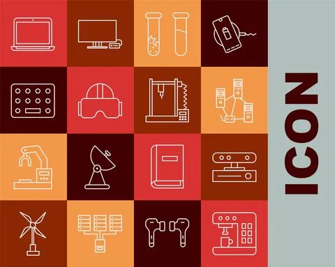 Set line Coffee machine, Motion sensor, Computer network, Test tube and flask Stock Illustration