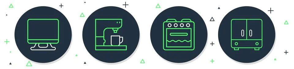 Set line Coffee machine, Oven, Smart Tv and Wardrobe icon. Vector Stock Illustration