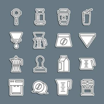 Set line Coffee machine, pot, paper filter, cup to go, Pour over coffee maker Ilustração Stock