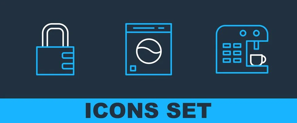 Set line Coffee machine, Safe combination lock and Washer icon. Vector Illustrazione stock