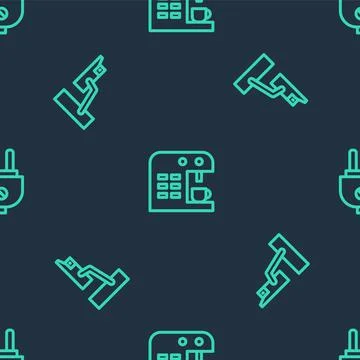 Set line Coffee machine, Security camera and Electric plug on seamless pattern Illustrazione stock