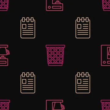 Set line Coffee machine, Spiral notebook and Trash can on seamless pattern Stock Illustration