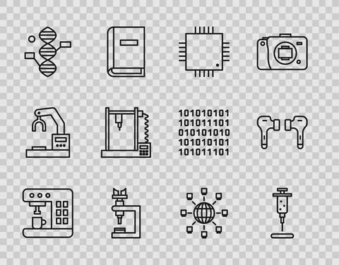 Set line Coffee machine, Syringe, Processor with microcircuits CPU, Microscope 스톡 일러스트