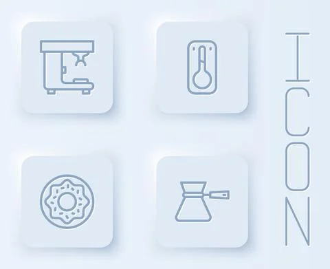 Set line Coffee machine, thermometer, Donut and turk. White square button Stock Illustration
