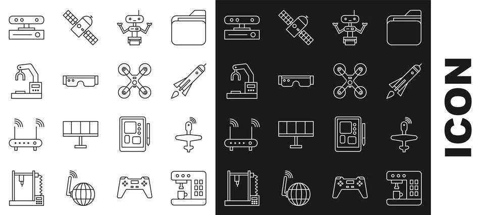 Set line Coffee machine, UAV Drone, Rocket ship with fire, Robot, Smart glass Stock Illustration
