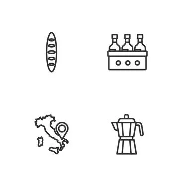 Set line Coffee maker moca pot, Map Italy, French baguette bread and Bottles  Stock Illustration