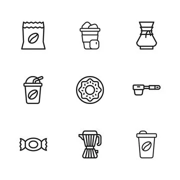 Set line Coffee maker moca pot, filter holder, cup to go, Donut, Pour over .. Ilustración de archivo