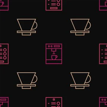Set line Coffee menu, V60 coffee maker and machine on seamless pattern. Vector Illustrazione stock