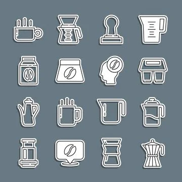 Set line Coffee moca pot, French press, cup to go, tamper, Bag coffee beans, and Stock Illustration