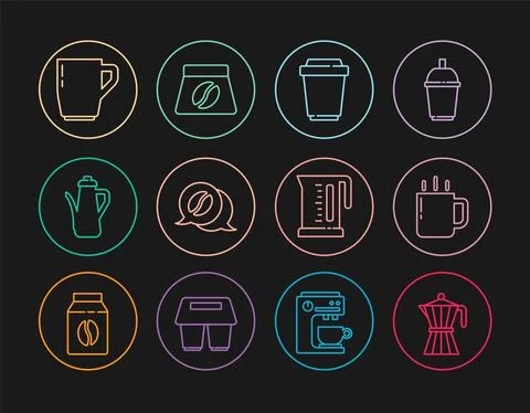 Set line Coffee moca pot, cup, to go, and conversation, Teapot, Electric kettle Illustration
