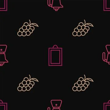 Set line Coffee moca pot, Grape fruit and Picture on seamless pattern. Vector Stock Illustration