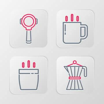 Set line Coffee moca pot, cup,  and filter holder icon. Vector Stock Illustration