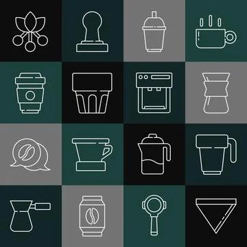 Set line Coffee paper filter, cup, Pour over coffee maker, to go, Glass with Ilustração Stock