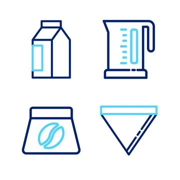 Set line Coffee paper filter, Bag coffee beans, Electric kettle and  icon. .. Stock Illustration