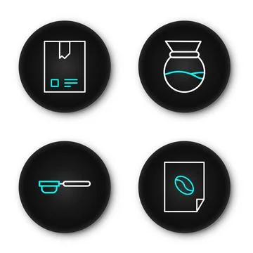 Set line Coffee poster, filter holder, Pour over coffee maker and Bag beans.. Ilustração Stock