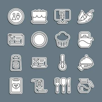 Set line Coffee pot, Covered with tray food, Kettle handle, Cafe restaurant Illustration