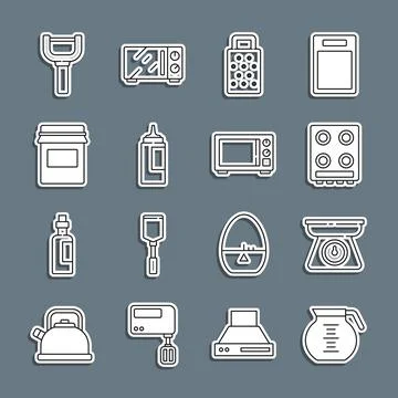 Set line Coffee pot, Scales, Gas stove, Grater, Sauce bottle, Jam jar, Peel.. イラスト素材