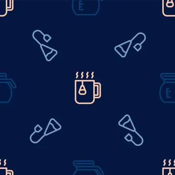Set line Coffee pot, Tea bag and Cup tea with on seamless pattern. Vector Stock Illustration