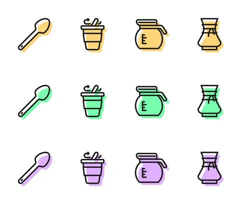 Set line Coffee pot, Teaspoon, cup to go and Pour over coffee maker icon. Vector Ilustración de archivo